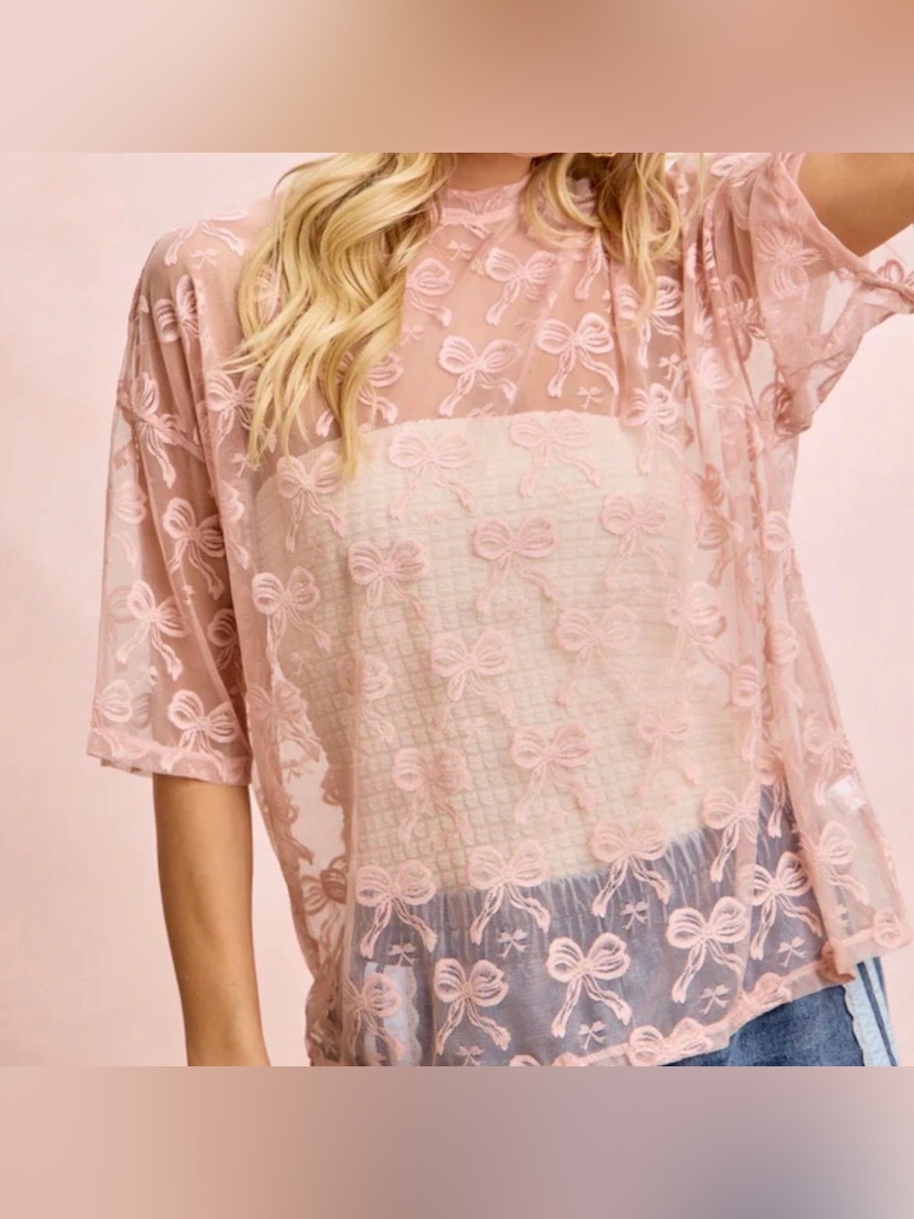 NWT BiBi Bow Pattern Short Sleeves Mesh Top Size M
